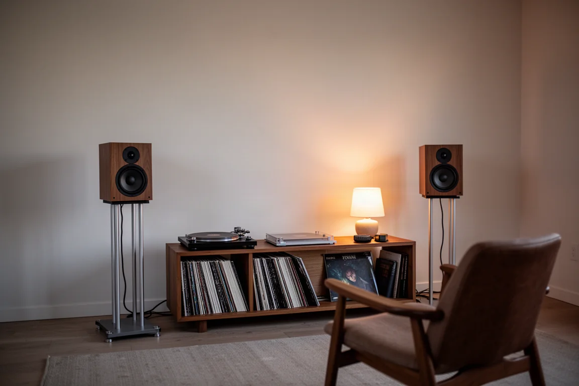 Sala di ascolto al crepuscolo con diffusori da stand su supporti e luce calda delle lampade