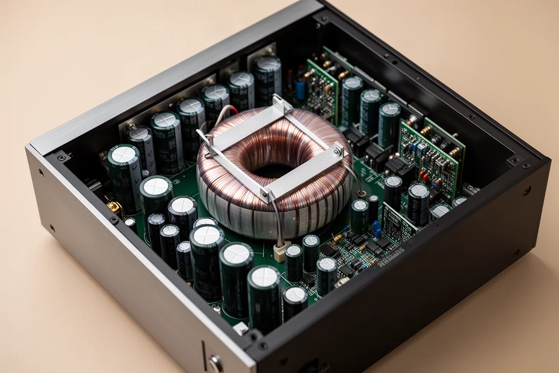 Vista dall'alto dell'interno dell'amplificatore con trasformatore e banchi di condensatori