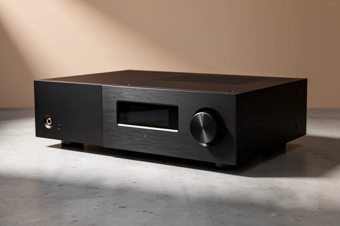 Black full-width integrated amplifier with brushed aluminium front panel and central display