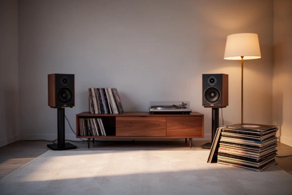 Listening room at dusk with two compact speakers on stands beside a wooden console