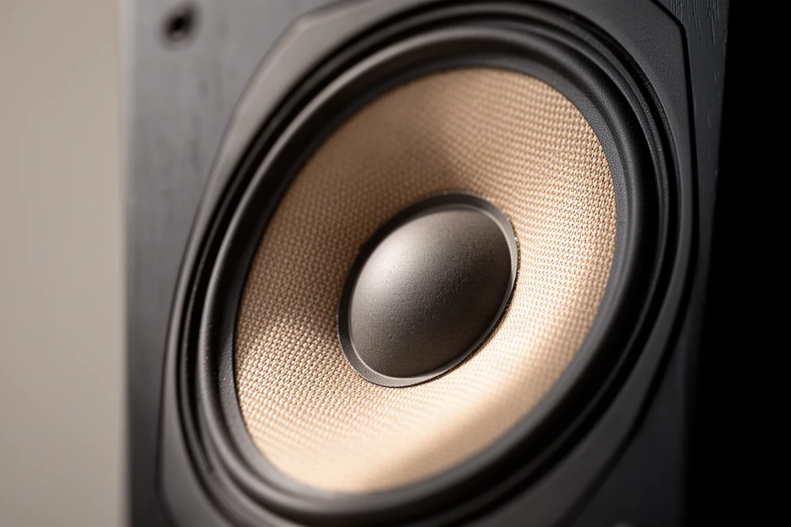 Close-up of a woven fibre loudspeaker cone under soft directional light