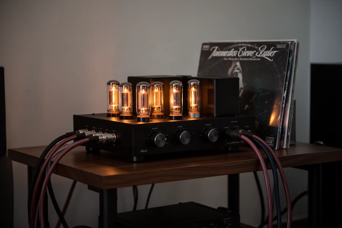 Valve amplifier with glowing tubes on a wooden hi-fi rack in a dim room