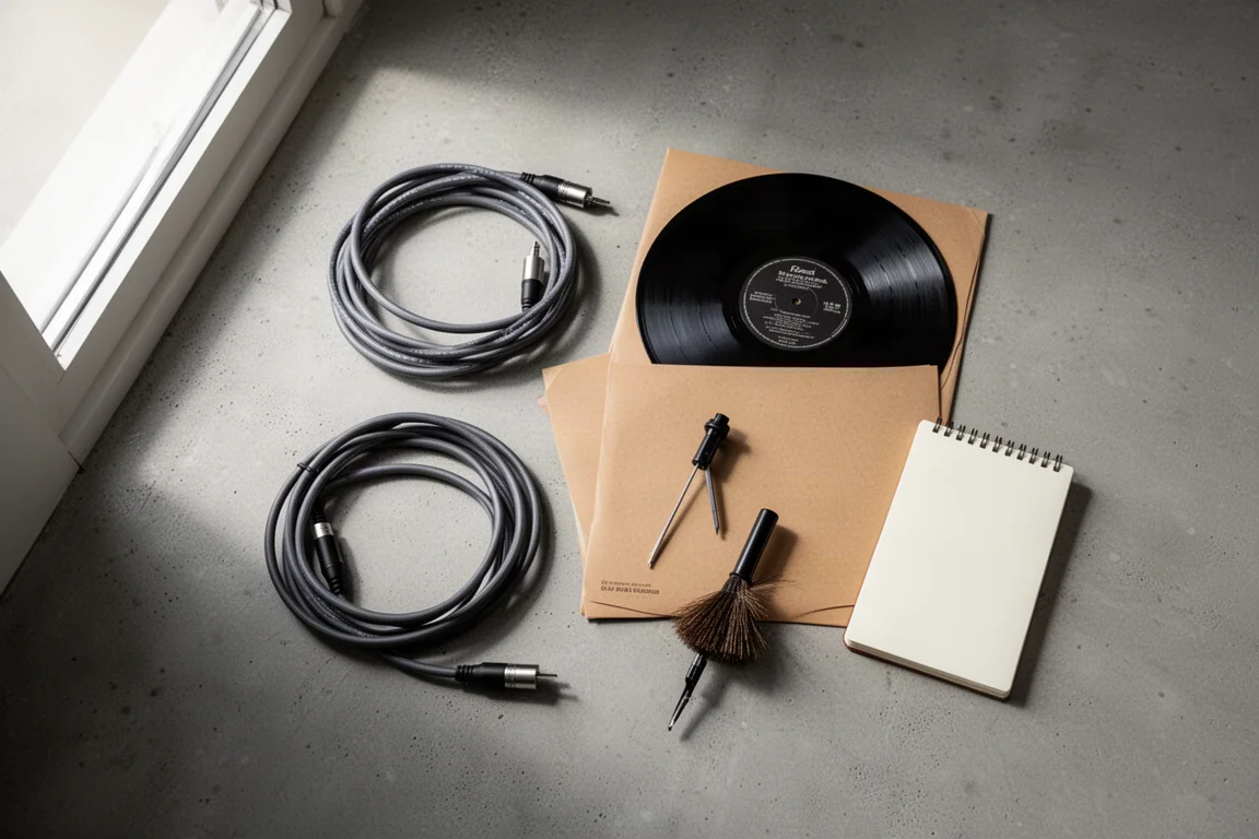 Overhead flat-lay of speaker cable, a record sleeve and a stylus brush on concrete