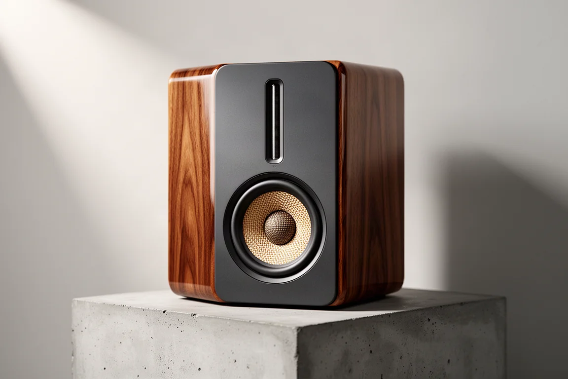 Compact two-way loudspeaker with ribbon tweeter and gloss walnut side panels