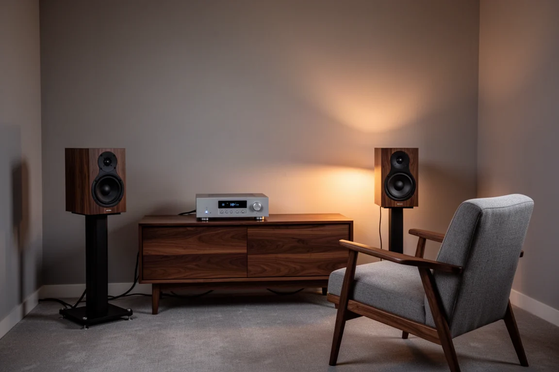 Compact standmount speakers on stands in a small listening room with warm evening light