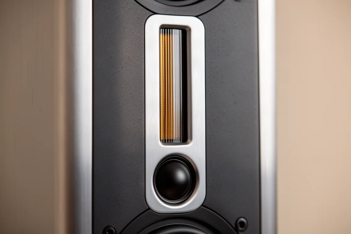 Close-up detail of a ribbon tweeter element and small woofer on a speaker baffle
