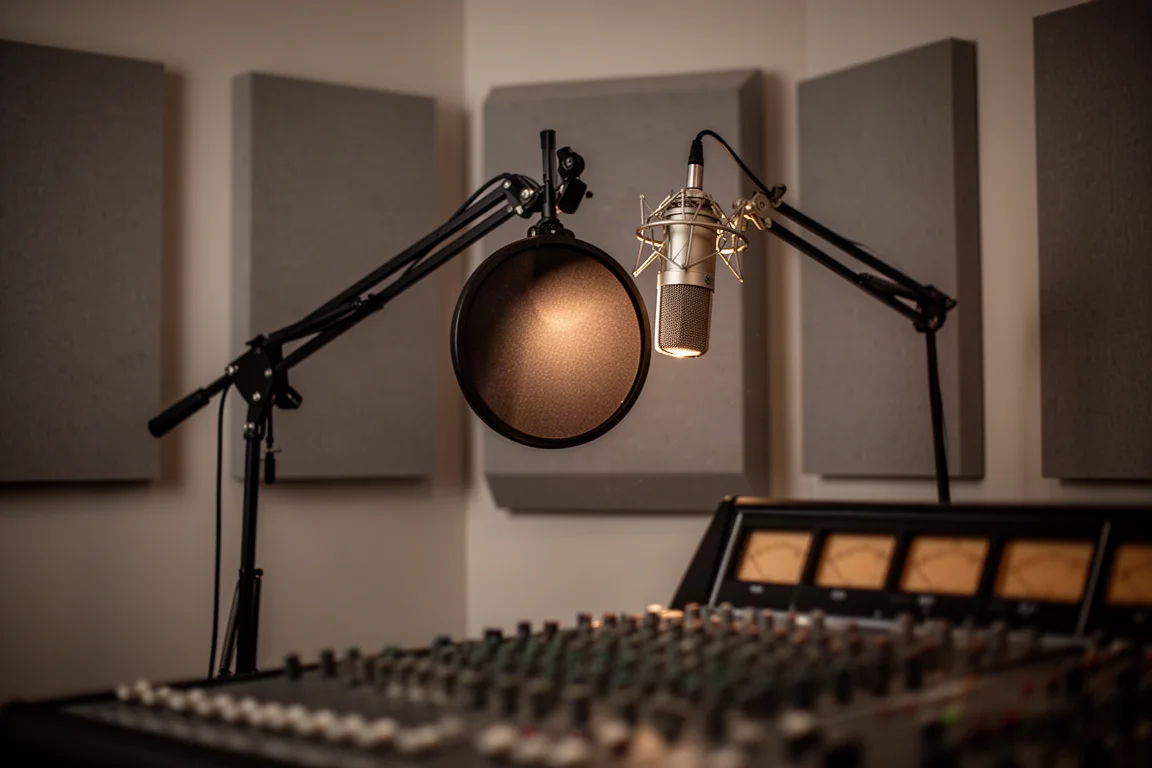 Studio condenser microphone in a treated control room with acoustic panels behind