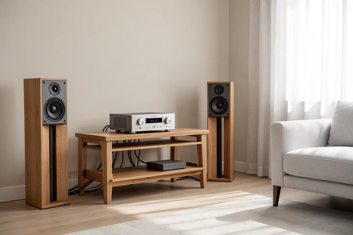 Integrated amplifier with compact speakers in a tidy living room listening setup