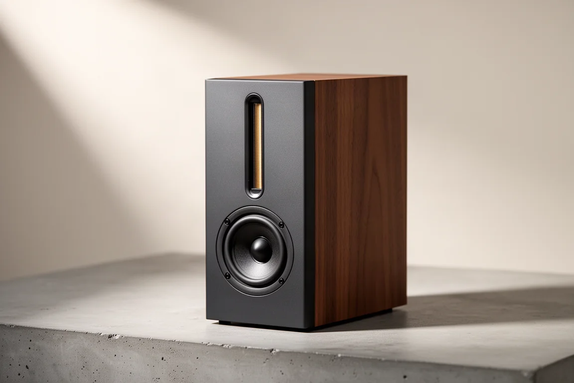 Compact two-way standmount speaker with ribbon tweeter on a concrete surface