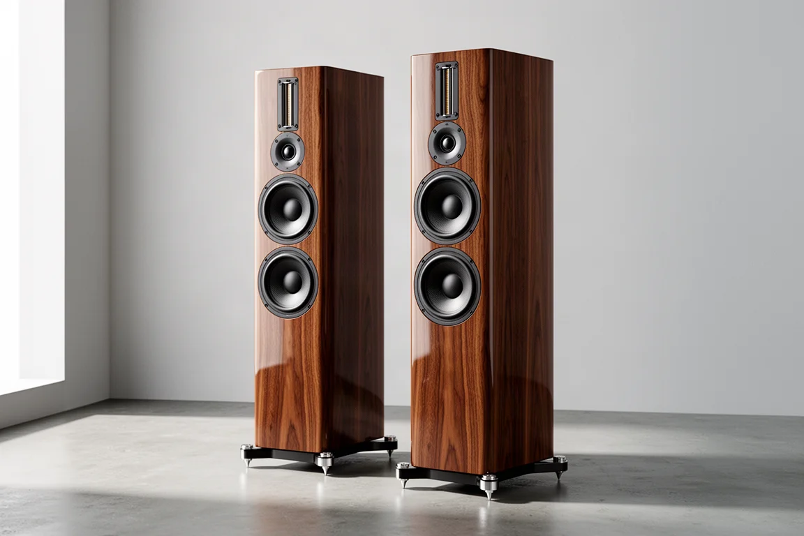 Pair of tall walnut veneer three-way floorstanding speakers in a minimal listening room