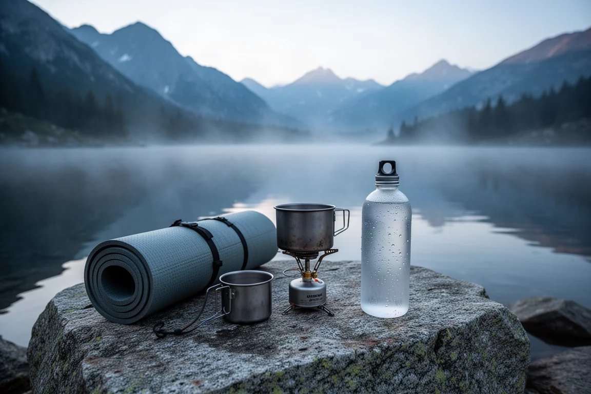 Attrezzatura da backpacking ben usata disposta su una lastra di granito accanto a un lago di montagna all'alba