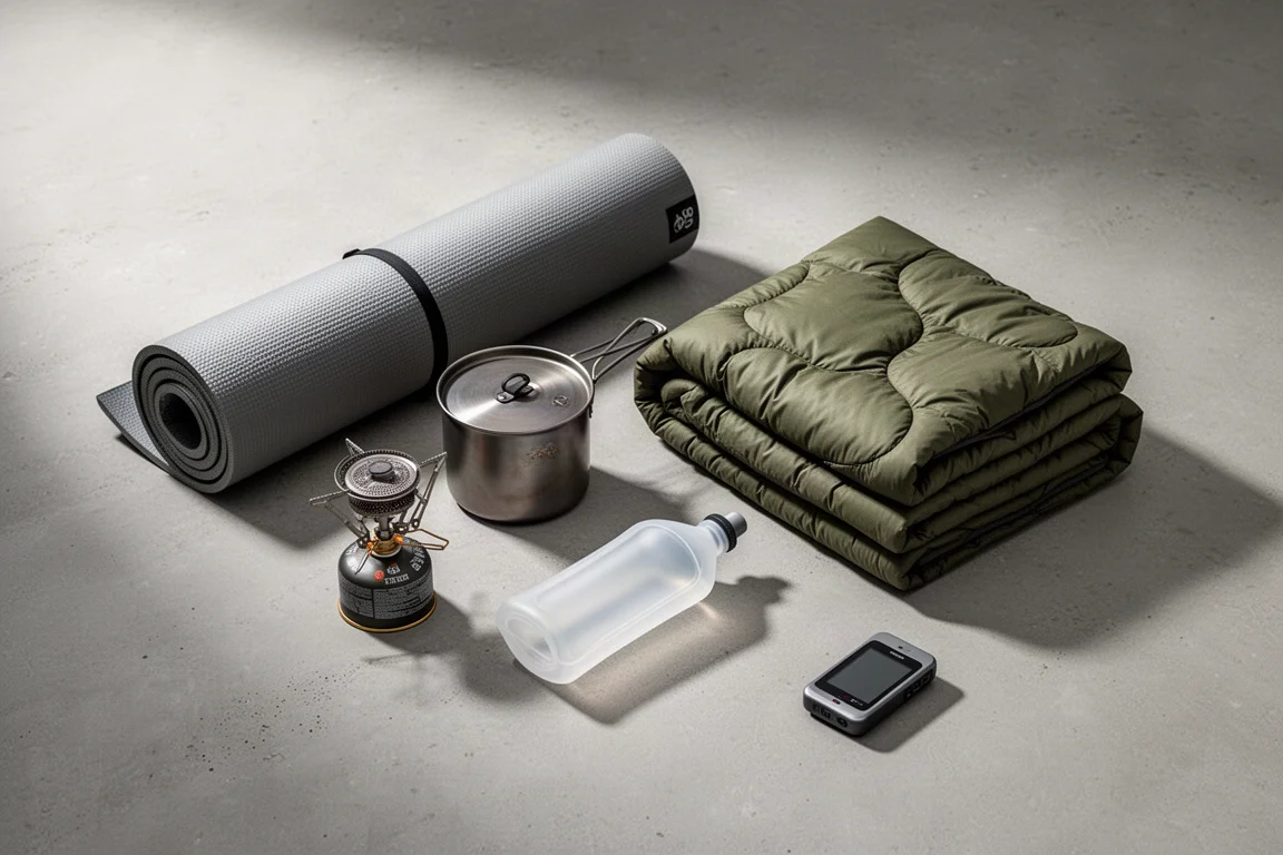 Ultralight backpacking gear arranged on a concrete surface in soft studio light
