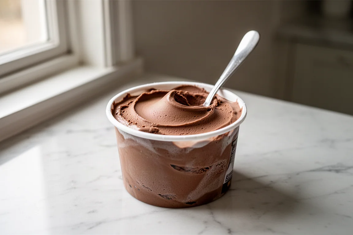 Envase de helado de chocolate y avellana abierto en la encimera de la cocina con una cuchara dentro