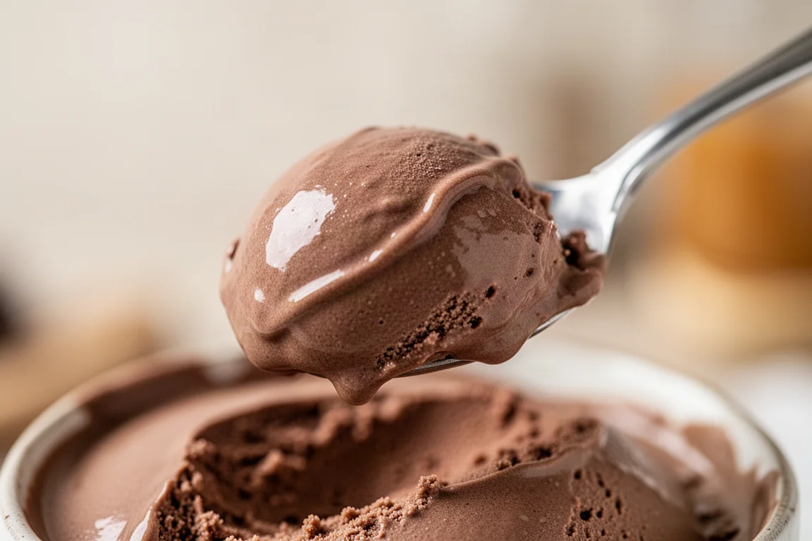 Primer plano de una cuchara levantando helado de chocolate suave con textura cremosa visible