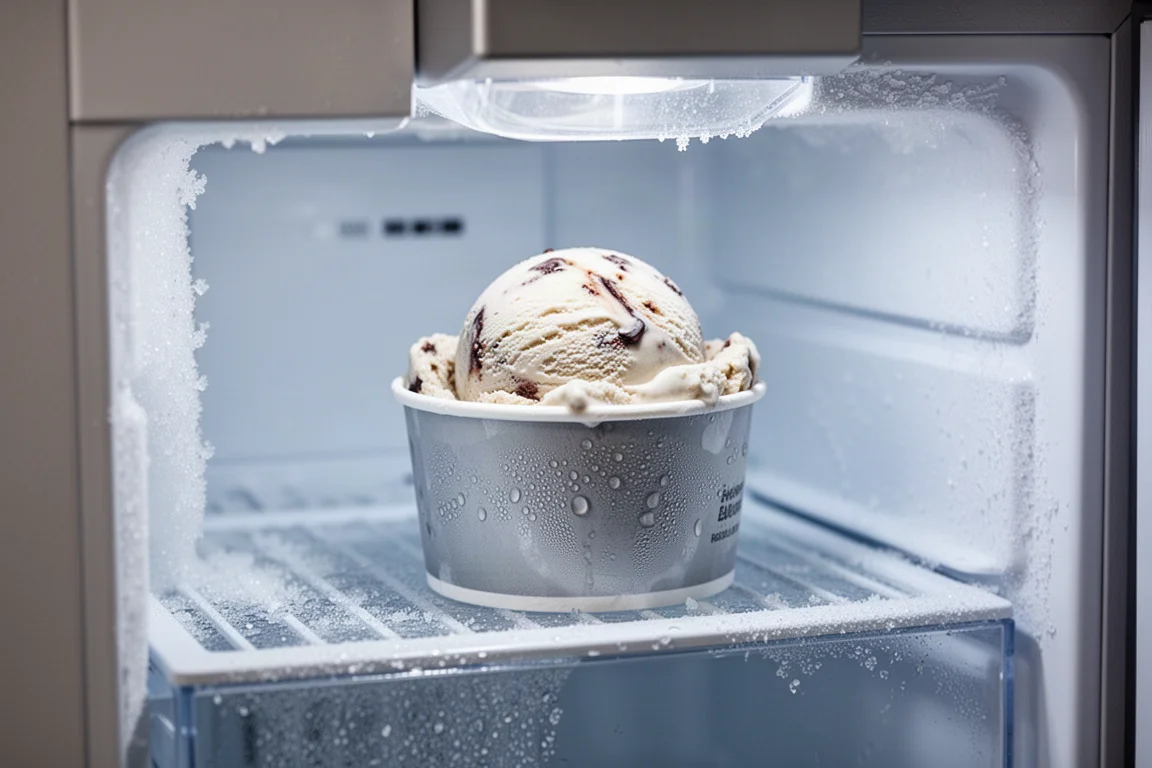 Envase de helado en un congelador con escarcha ligera en su superficie