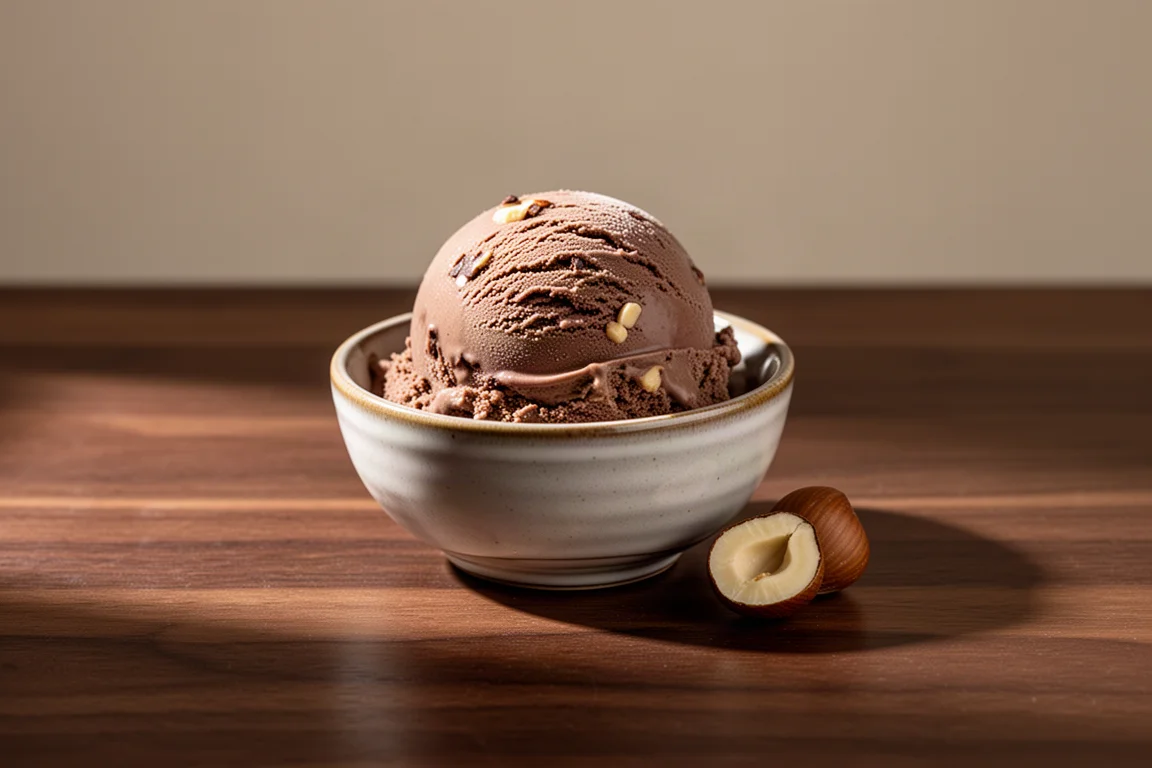 Porción individual de helado de chocolate y avellana en un cuenco de cristal sobre una mesa oscura