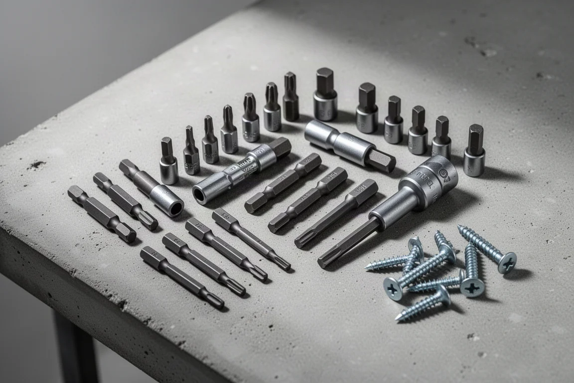 Assorted quarter-inch hex bits and adapters arranged on a workbench
