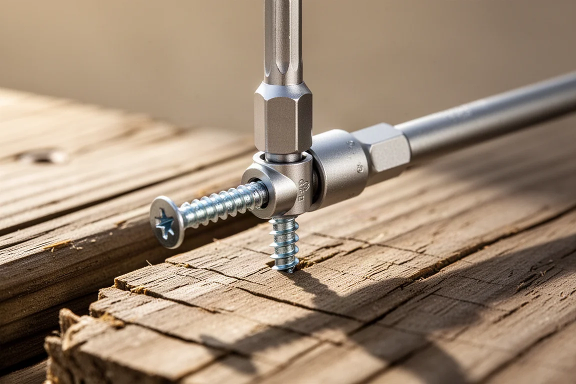Hex extension with a sliding screw stabilizer collar holding a deck screw