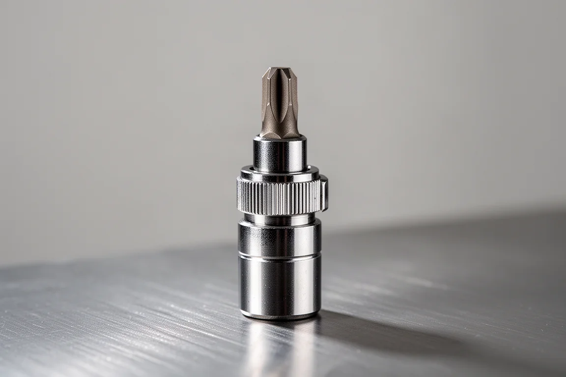 Locking bit holder with a bit inserted, collar released to the locked position