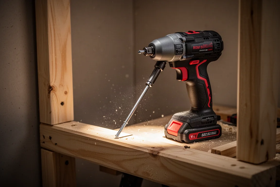 Compact impact driver driving a long hex extension into a screw in a tight space