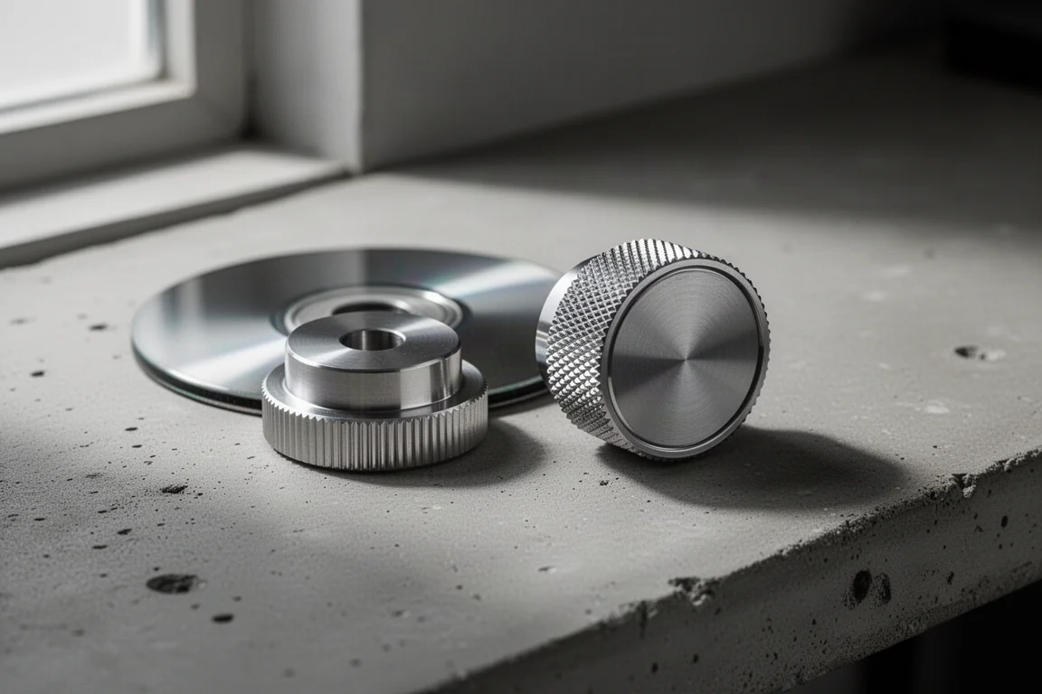 Two quarter-inch spinner adapters with knurled edges on a concrete workbench