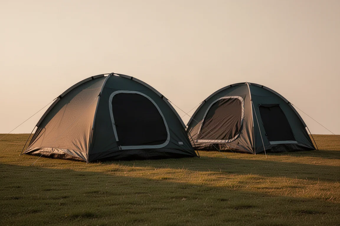 Two pop-up camping tents of different sizes pitched side by side on a grassy campsite