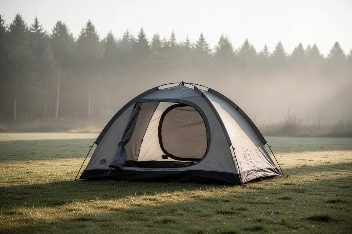 Two-person pop-up tent pitched on grass at a campsite in soft morning light