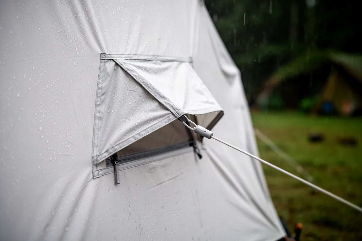 Close-up of a tent side vent and guyline with rain droplets on the fabric