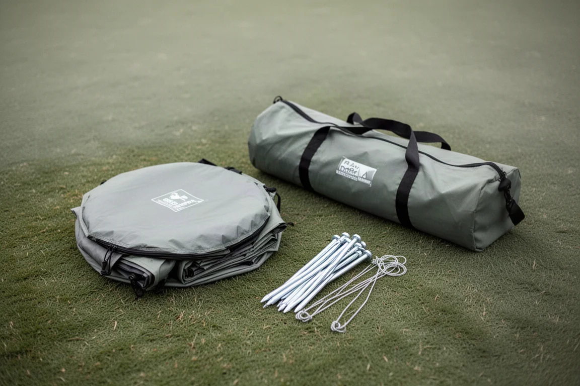 Folded pop-up tent resting on grass beside its carry bag and stakes