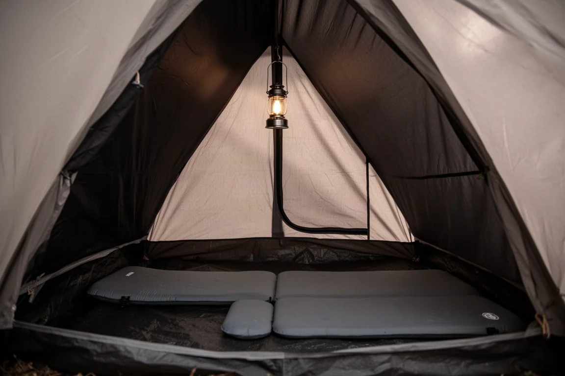 Interior of a dark-fabric tent with a sleeping pad and a small hanging lantern