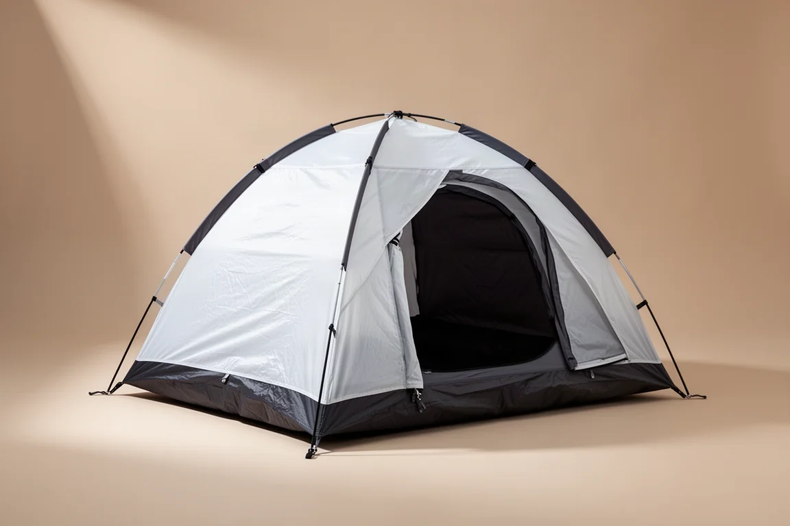 Two-person pop-up dome tent with white rainfly and dark inner fabric on a neutral backdrop
