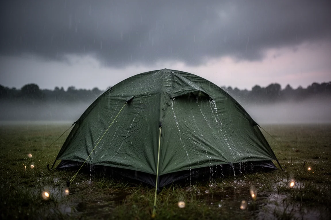Barraca dome pequena com sobreteto verde na grama molhada durante chuva forte ao anoitecer