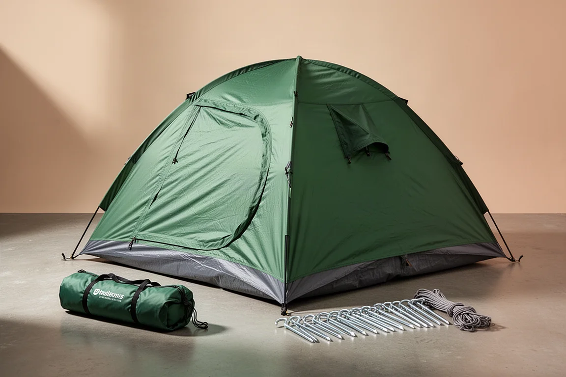 Compact two-person pop-up tent with green rainfly on concrete beside carry bag and stakes