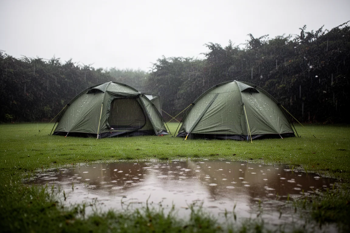 Deux tentes dôme sur un camping pluvieux avec de l'eau stagnante sur la pelouse
