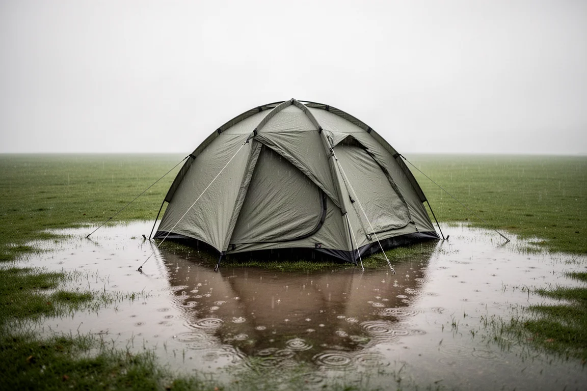 Une tente dôme montée sur une pelouse posée dans une eau peu profonde après la pluie