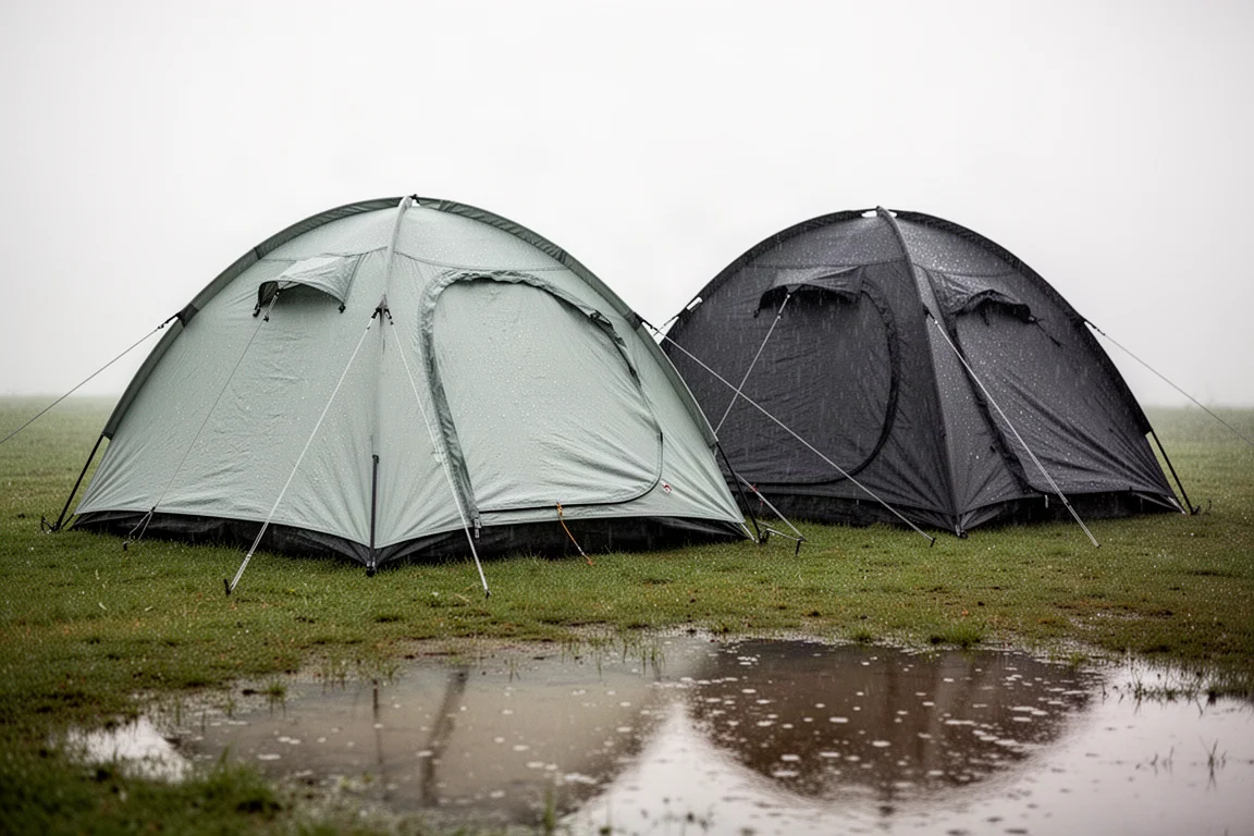 Two pop-up dome tents pitched side by side on a wet grassy campsite after rain