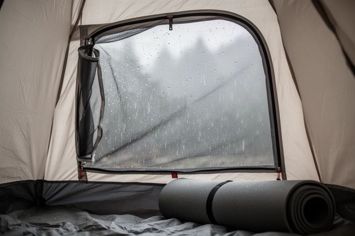 Vista de dentro de uma barraca iglu em direção a uma janela de tela aberta com chuva do lado de fora