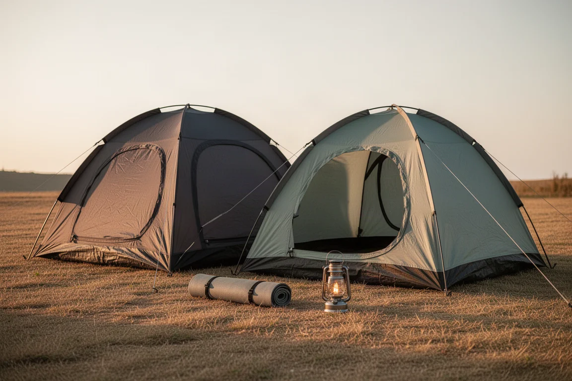 Two dome pop-up camping tents pitched side by side on grass at golden hour