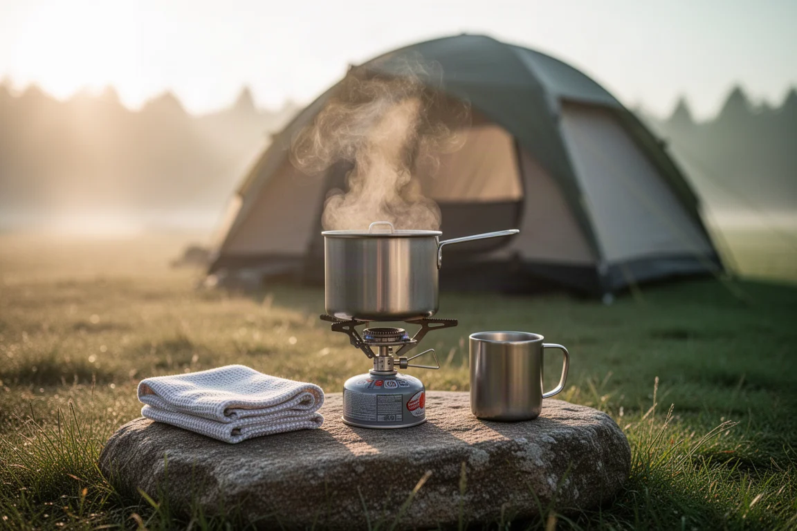 Camp stove with a stainless pot at a grassy campsite in early morning light
