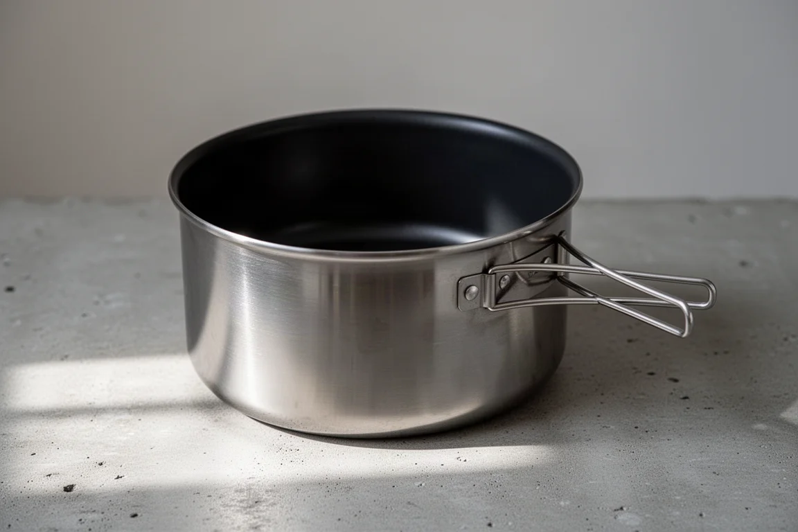 Close-up of a stainless steel camping pot base, pinch handle and dark non-stick interior
