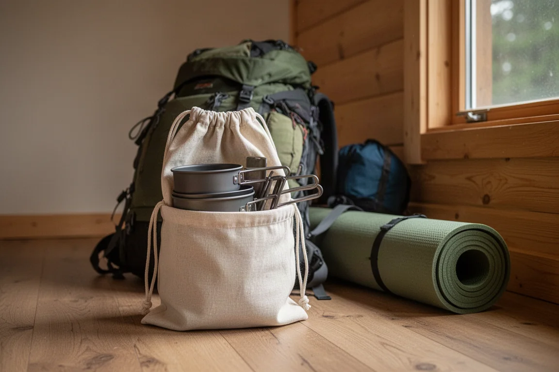 Nesting cook set packed in a fabric bag beside a hiking backpack on a wooden floor
