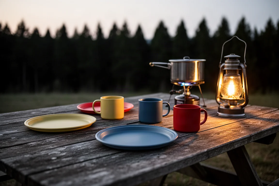 Four colour coordinated camp plates and mugs set out on a picnic table at dusk