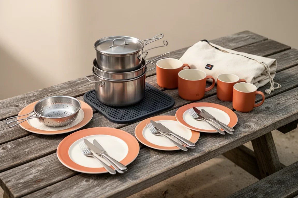 Four-person camping cook set with pots, plates, mugs and cutlery laid out on a wooden table