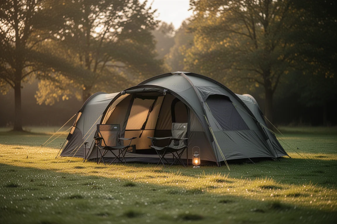 Tienda familiar grande montada en una parcela de césped segado en un camping a la hora dorada