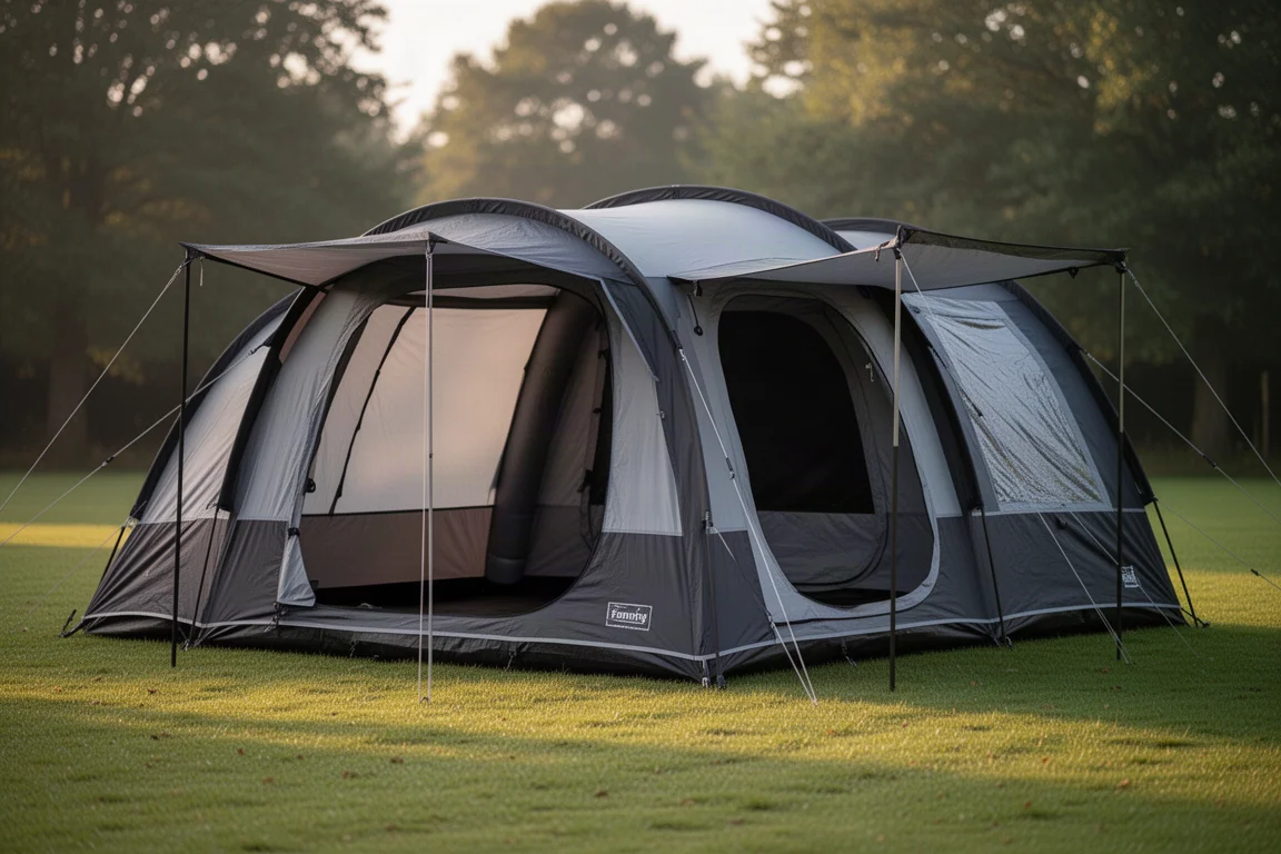 Large inflatable family camping tent pitched on grass with dark flysheet and air beams