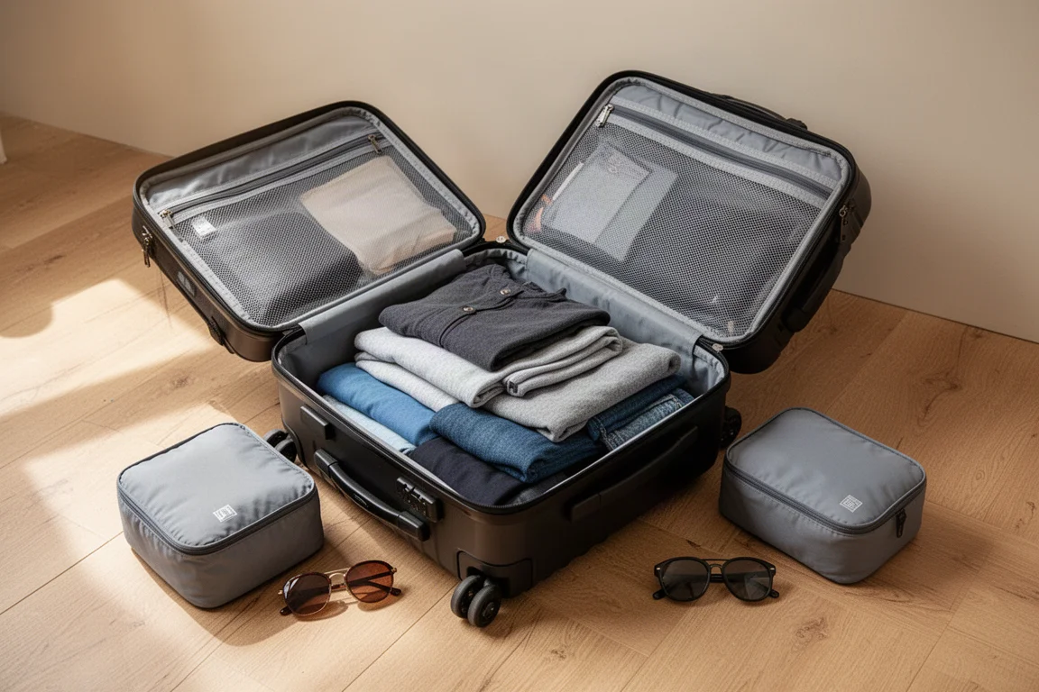 Viajero metiendo ropa en el amplio compartimento principal de una mochila estilo maleta