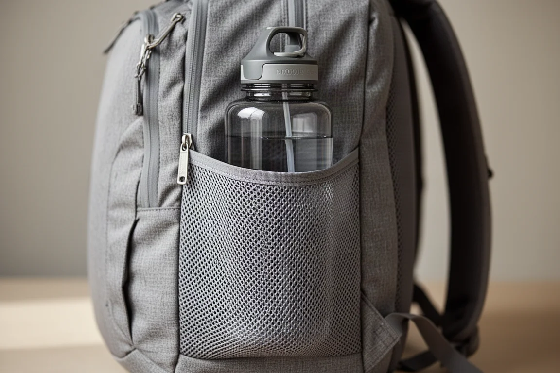 Primer plano del bolsillo lateral elástico de malla de una mochila sujeto una gran botella de agua