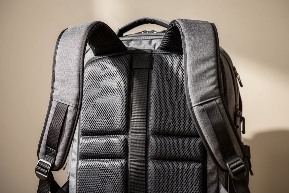Panel trasero de malla muy acolchado y funda de paso para maleta en una mochila de viaje