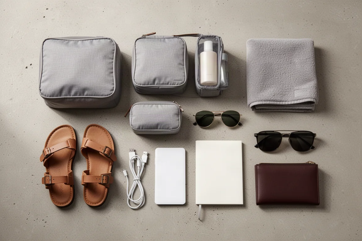 Cubi di imballaggio, beauty kit e piccola attrezzatura da viaggio disposti su una superficie