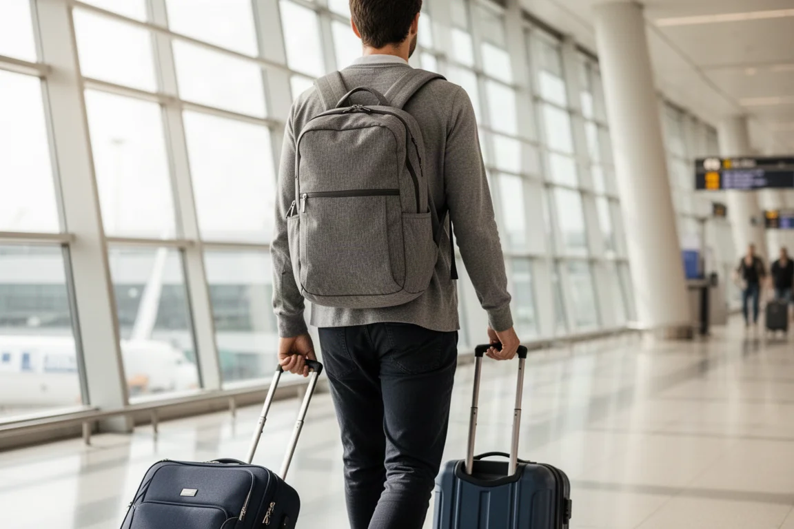 Viaggiatore che cammina in aeroporto con uno zaino compatto accanto a valigie a rotelle